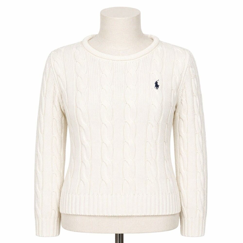Polo Ralph Lauren Cable Knit Sweater Womens XS White Crewneck Pony Logo Cotton